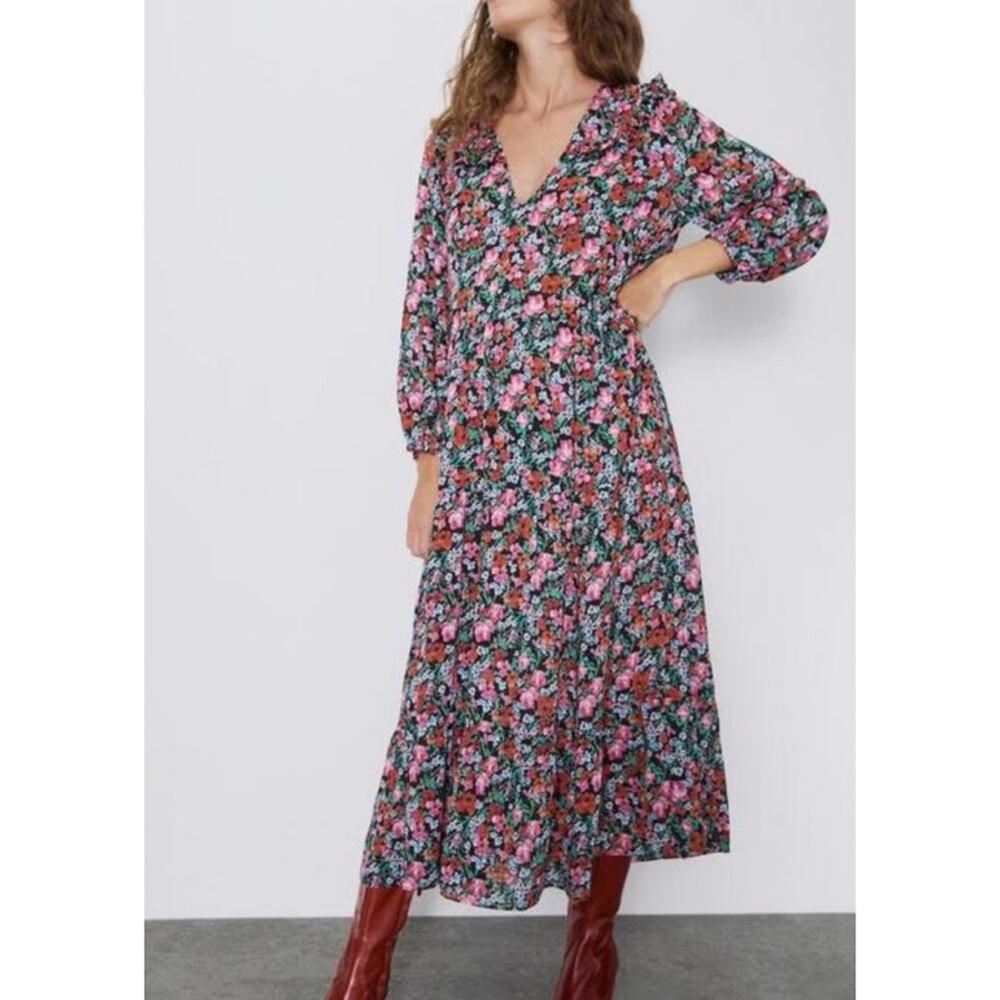 Zara Red Pink Black Green Floral Long Balloon Sleeves Midi Dress Women’s Small - Picture 12 of 12
